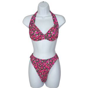 Vintage Catalina Pink Floral High Cut Bikini Swimsuit Sz Small
